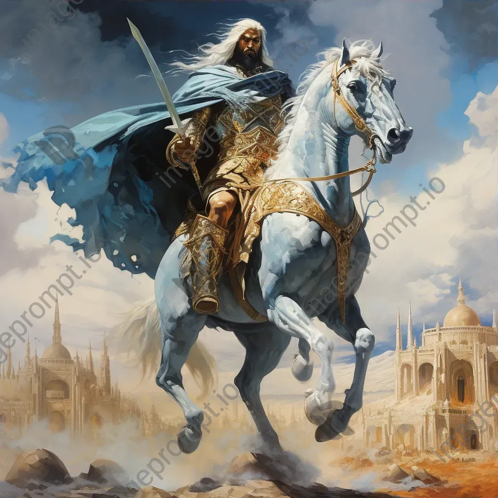 Fantasy-inspired portrayal of Saladin in triumph against an ancient Middle Eastern cityscape - Image 3