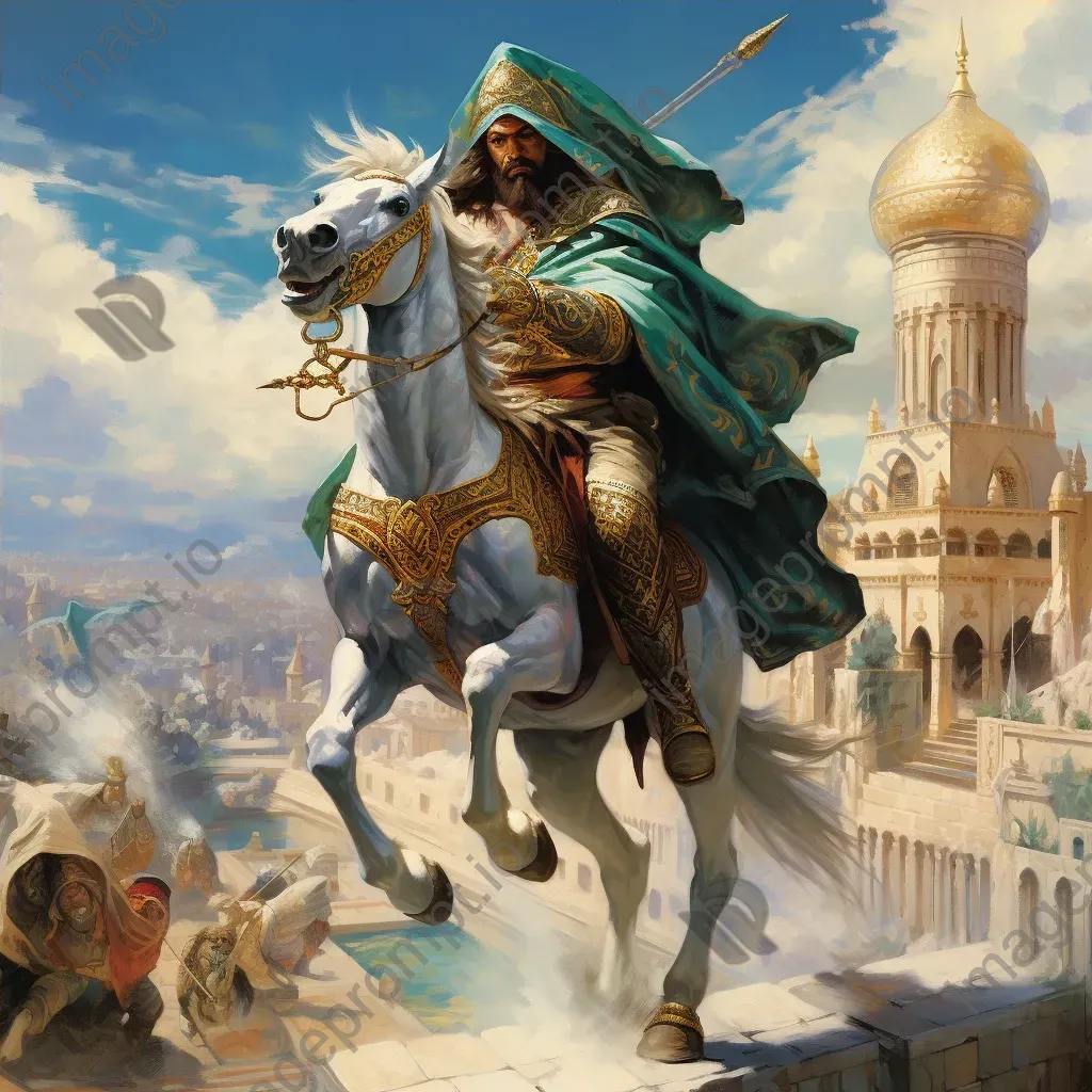 Fantasy-inspired portrayal of Saladin in triumph against an ancient Middle Eastern cityscape - Image 4