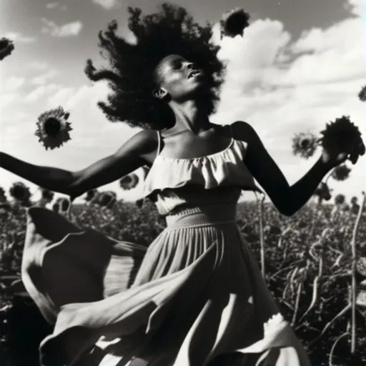 Woman with a large afro dancing in a field of sunflowers under a sunny sky - Image 1