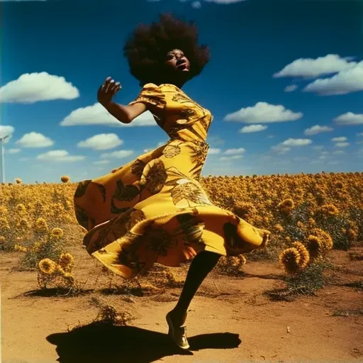 Woman with a large afro dancing in a field of sunflowers under a sunny sky - Image 2