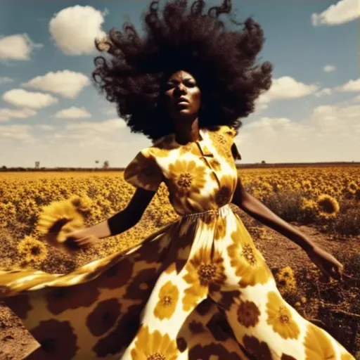 Woman with a large afro dancing in a field of sunflowers under a sunny sky - Image 3