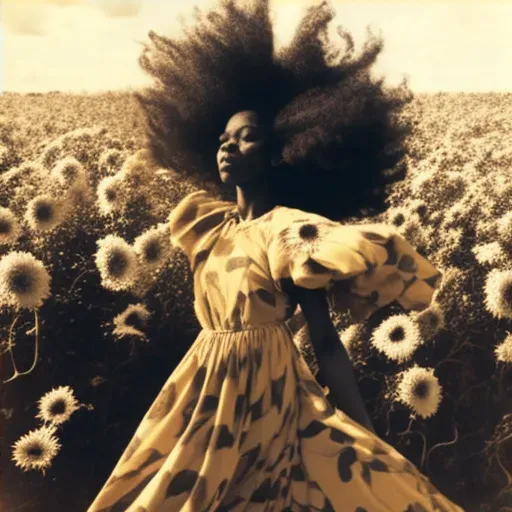 Woman with a large afro dancing in a field of sunflowers under a sunny sky - Image 4