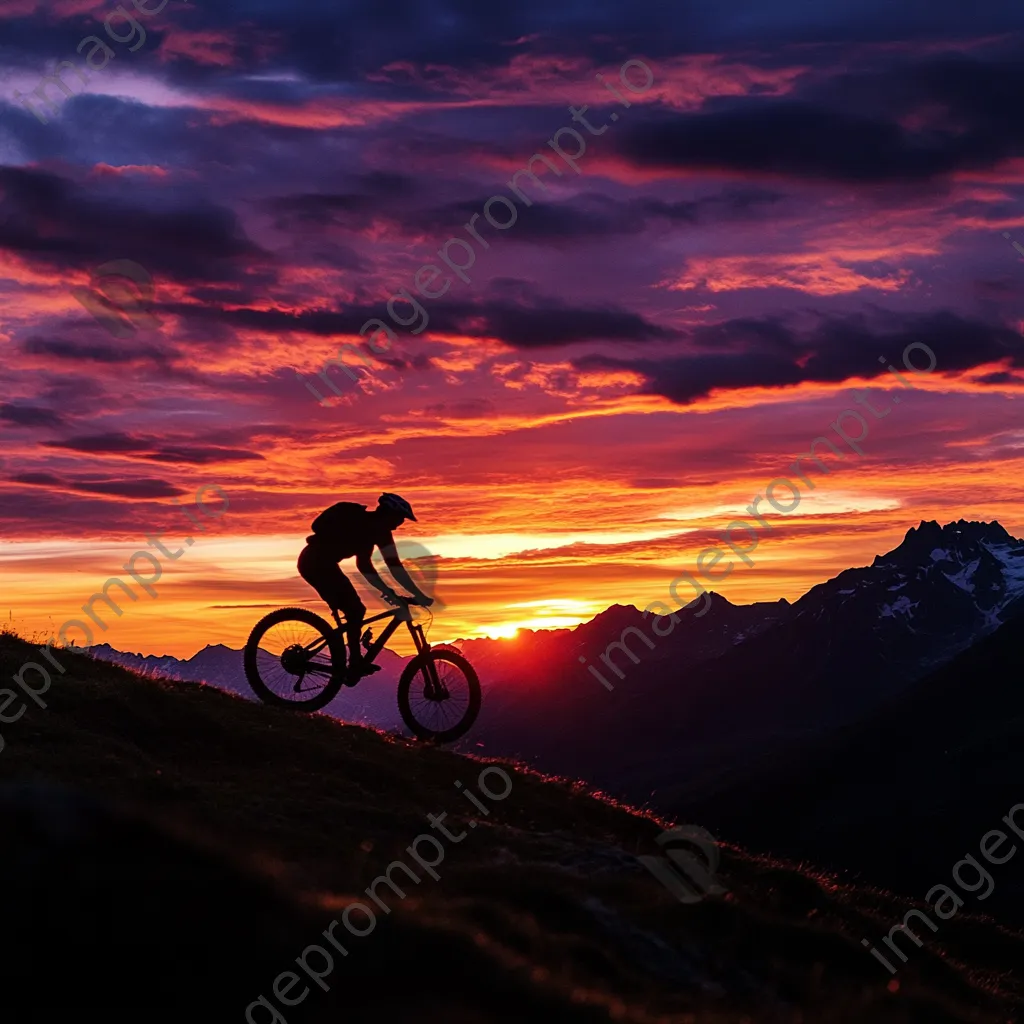 Silhouette of a mountain biker against a colorful sunset backdrop. - Image 1