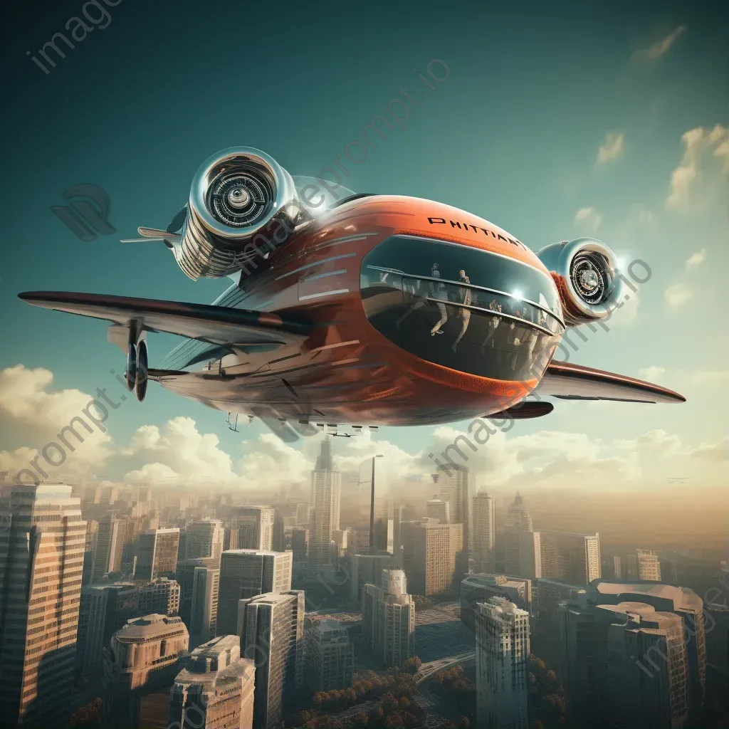 Image of a vintage airplane converted into a futuristic hovercraft flying over an Art Deco city - Image 1