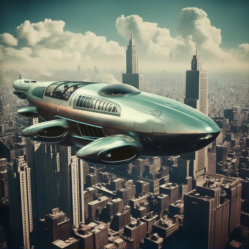 Vintage Airplane Converted into Futuristic Hovercraft Flying over Art Deco City