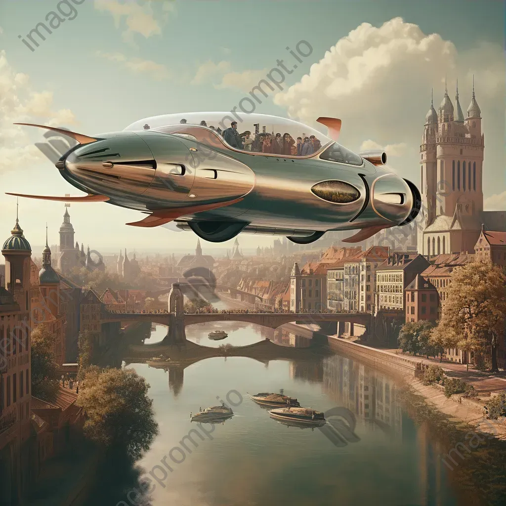 Image of a vintage airplane converted into a futuristic hovercraft flying over an Art Deco city - Image 3