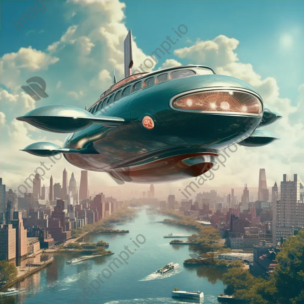 Image of a vintage airplane converted into a futuristic hovercraft flying over an Art Deco city - Image 4