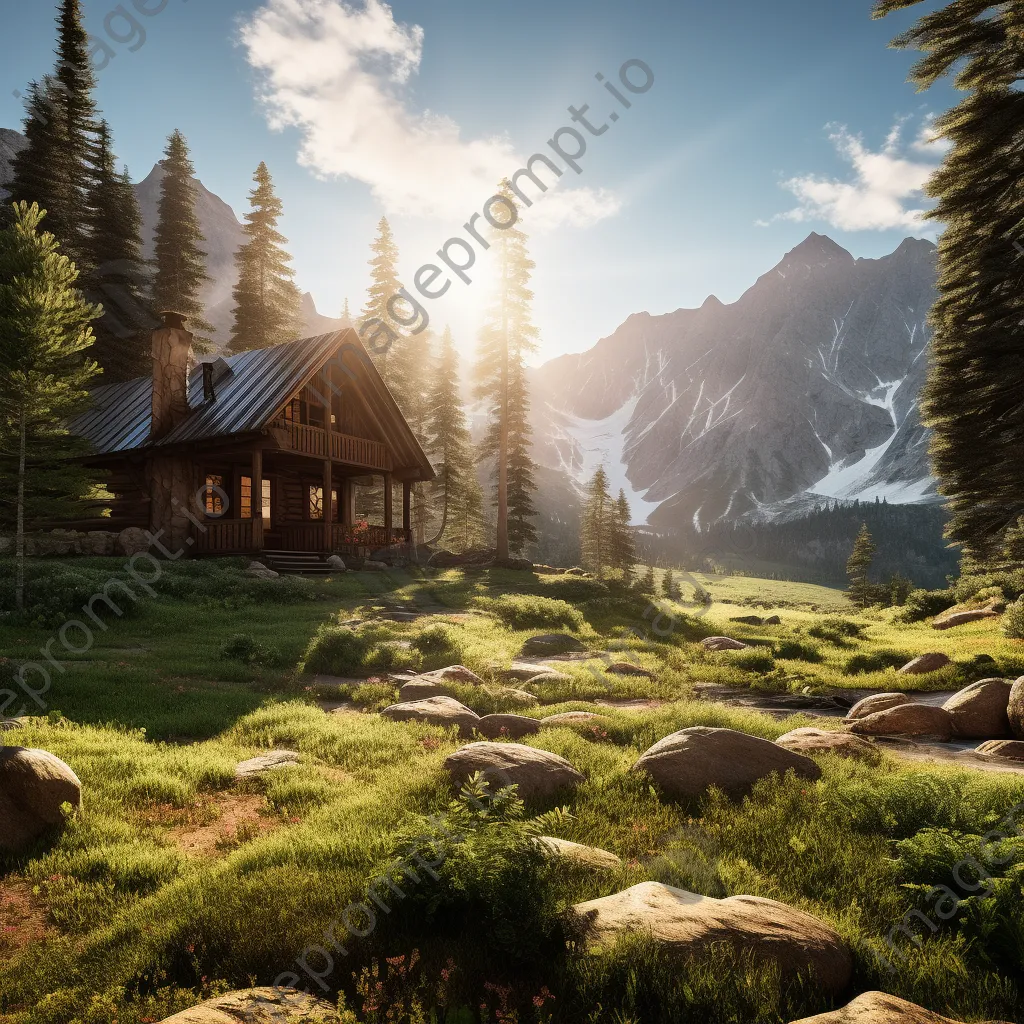 Wooden cabin in mountain valley surrounded by pine trees - Image 1