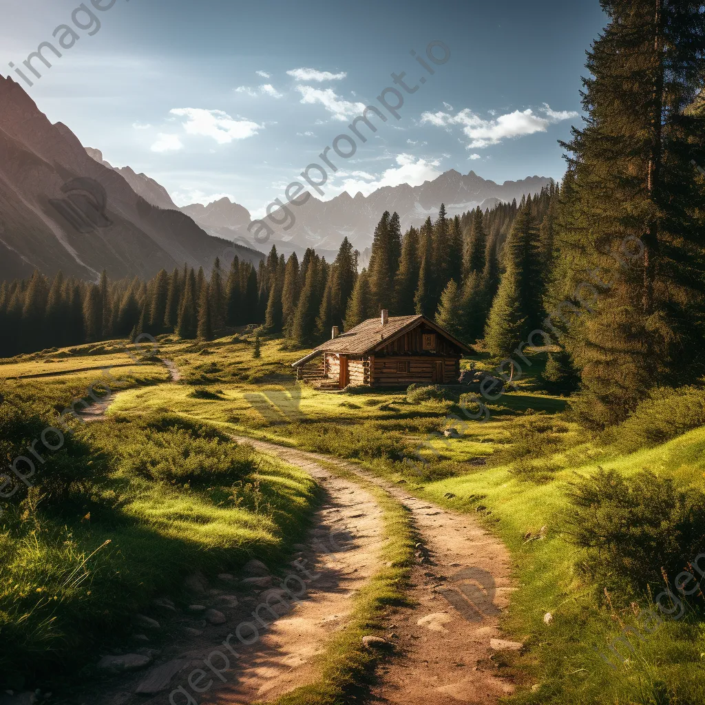 Wooden cabin in mountain valley surrounded by pine trees - Image 2