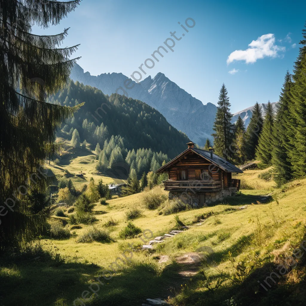 Wooden cabin in mountain valley surrounded by pine trees - Image 3