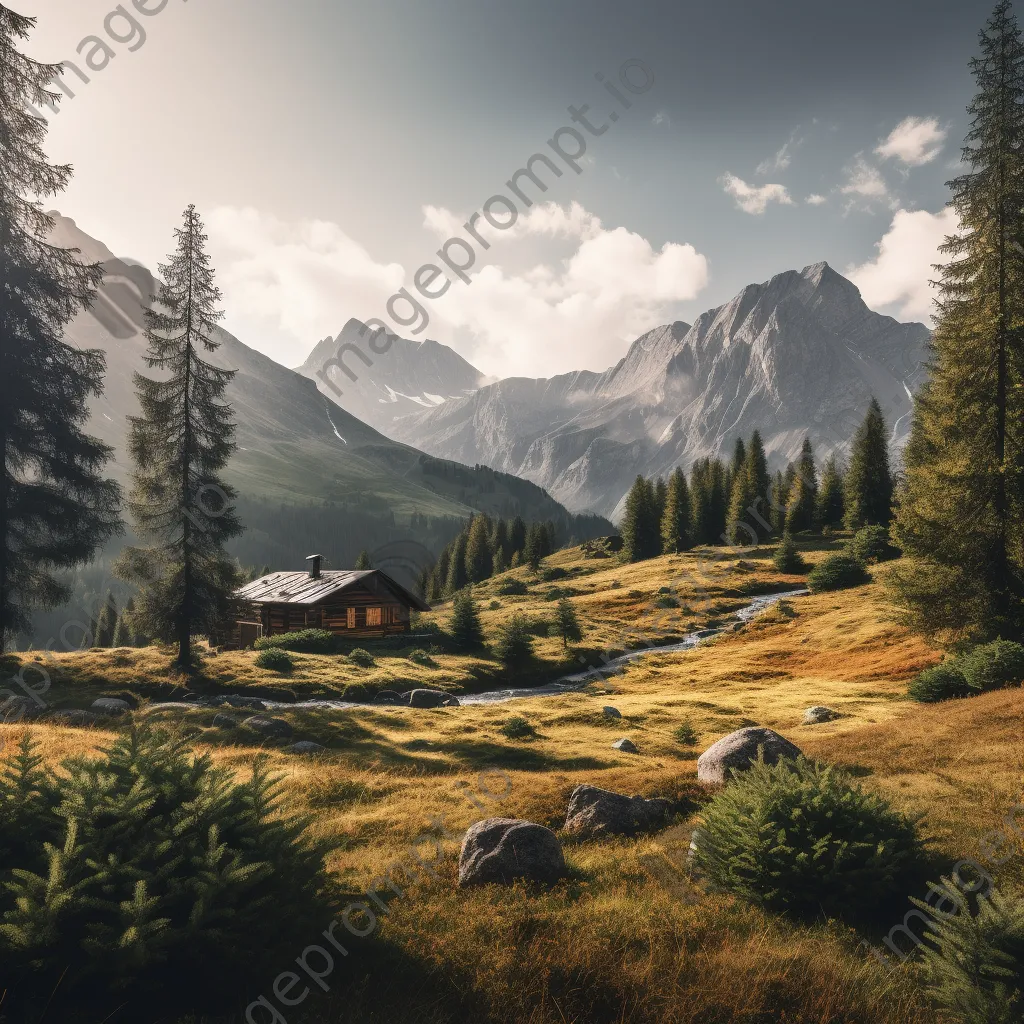 Wooden cabin in mountain valley surrounded by pine trees - Image 4