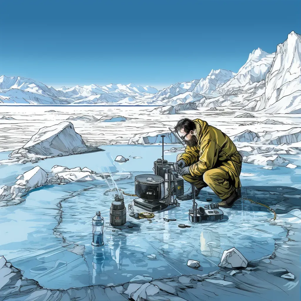 Scientist studying a melting glacier with equipment on the ice - Image 1