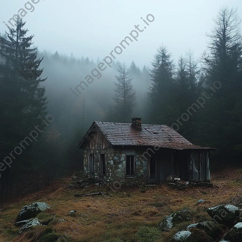 Abandoned cabin in a fog-covered landscape - Image 1