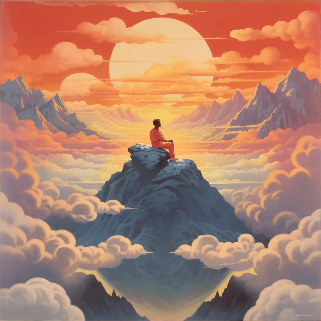 Image of a person in deep meditation on a mountaintop, surrounded by a sea of clouds illuminated by the sunrise - Image 1