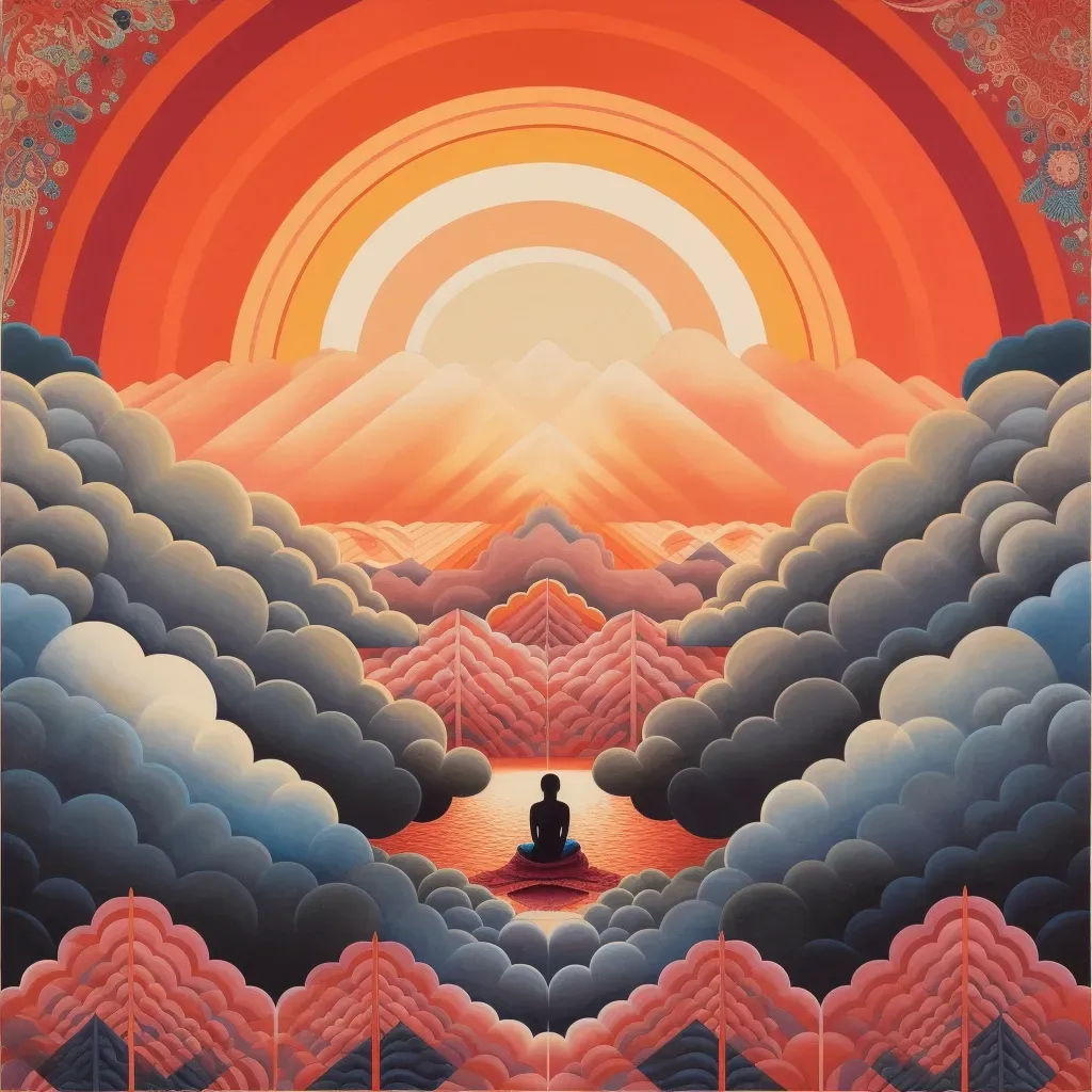 Image of a person in deep meditation on a mountaintop, surrounded by a sea of clouds illuminated by the sunrise - Image 2