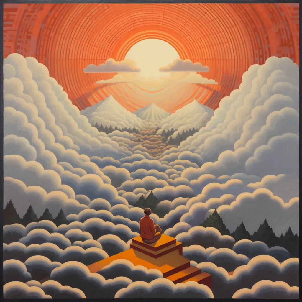 Image of a person in deep meditation on a mountaintop, surrounded by a sea of clouds illuminated by the sunrise - Image 3