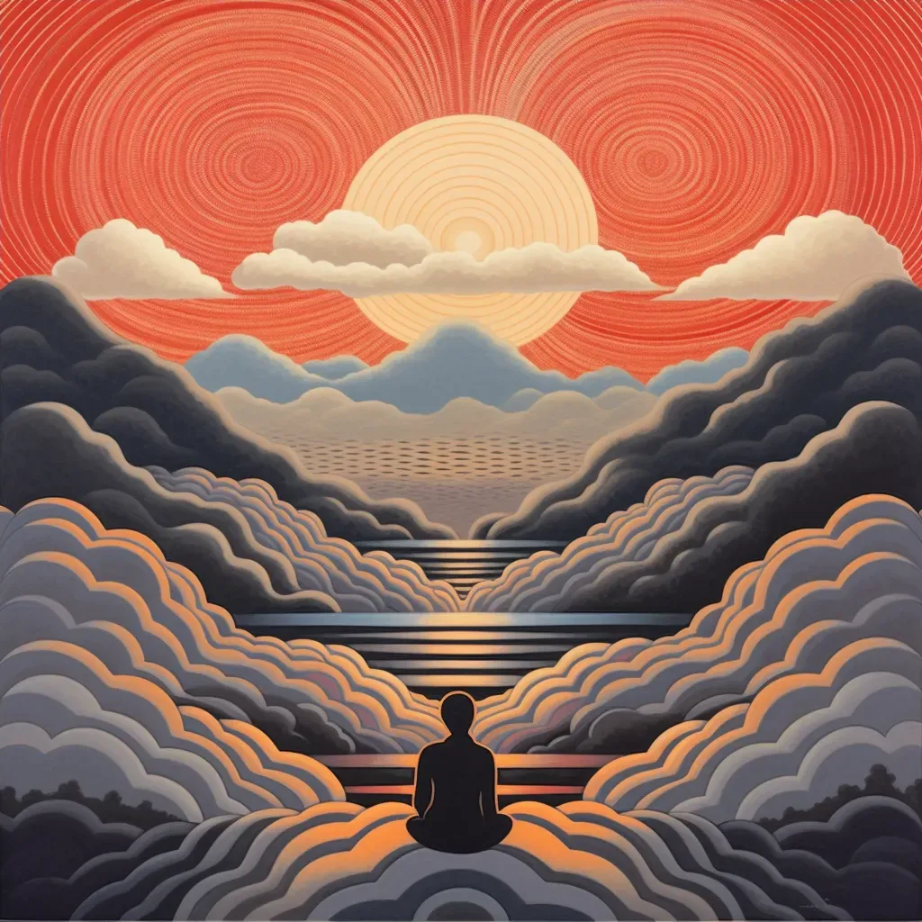 Image of a person in deep meditation on a mountaintop, surrounded by a sea of clouds illuminated by the sunrise - Image 4