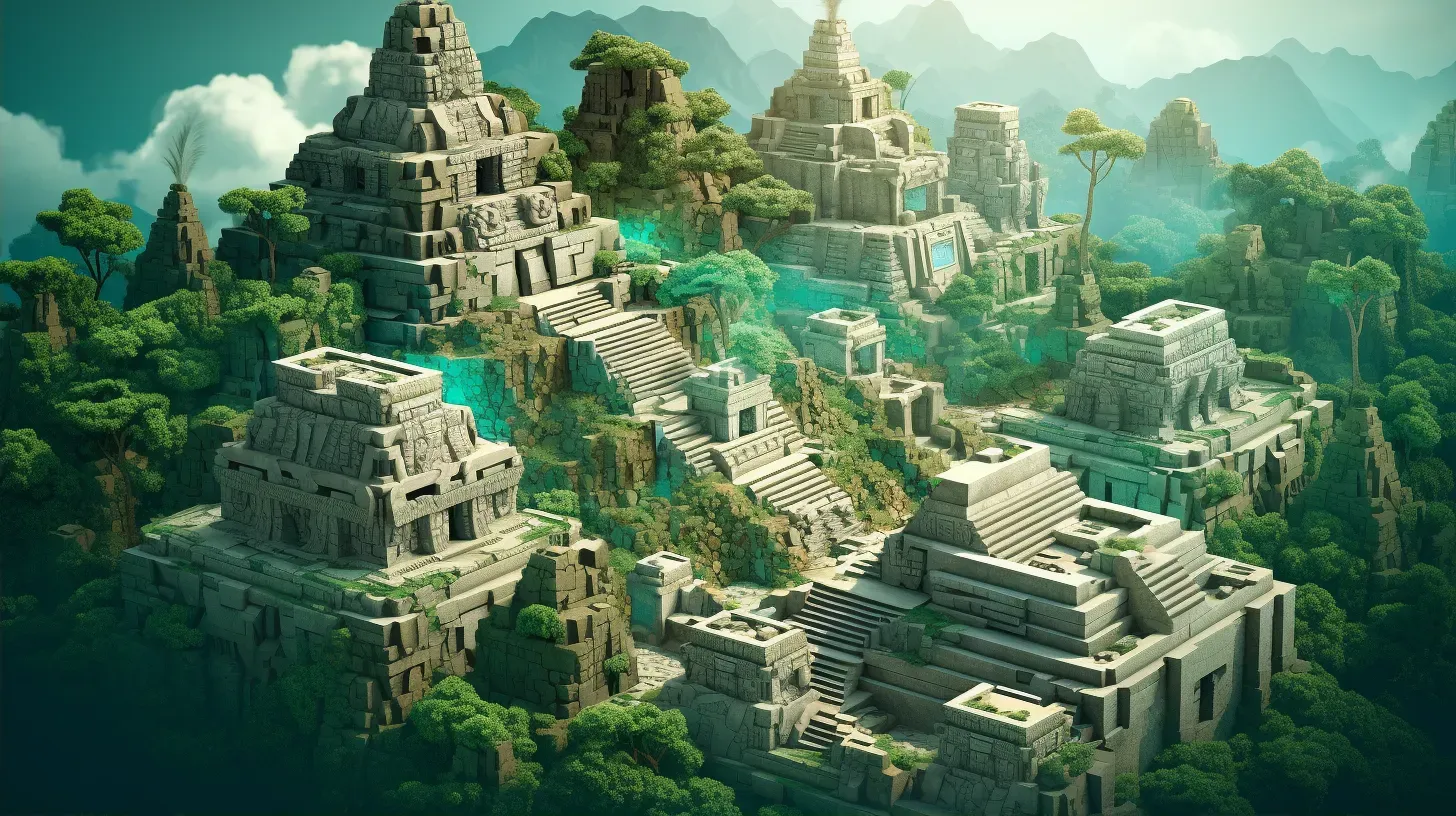 Isometric view of a low poly ancient Mayan city in the rainforest - Image 2