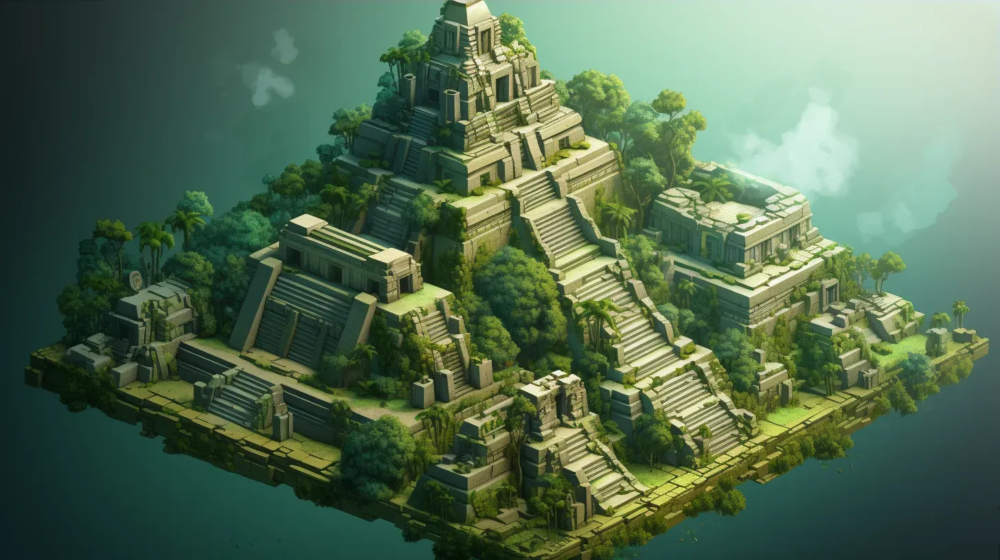 Isometric view of a low poly ancient Mayan city in the rainforest - Image 3