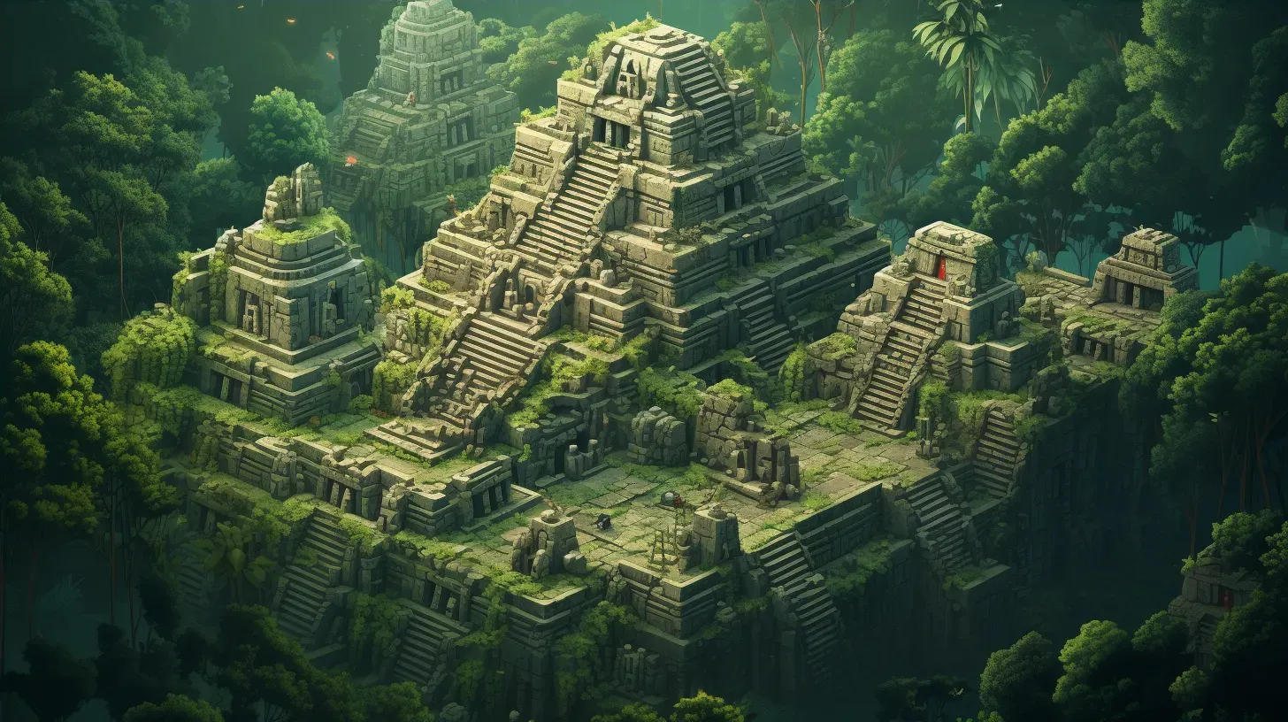 Isometric view of a low poly ancient Mayan city in the rainforest - Image 4