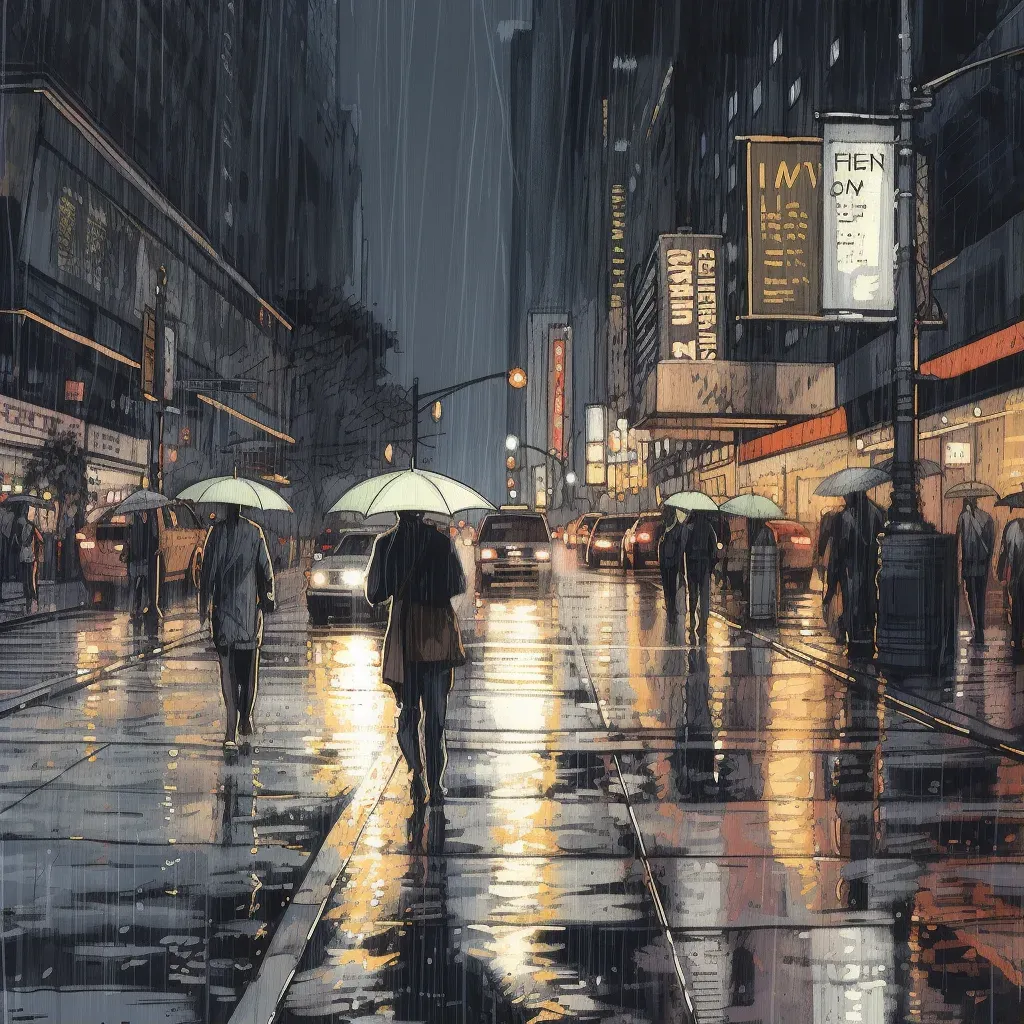 Rainy urban evening scene with pedestrians and city lights reflection - Image 1