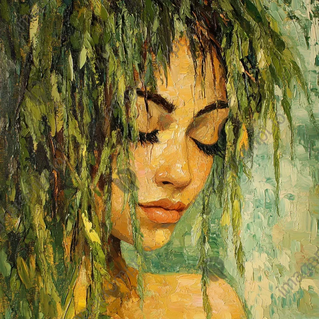 Impressionist portrait of a weeping willow personified as a graceful woman - Image 1