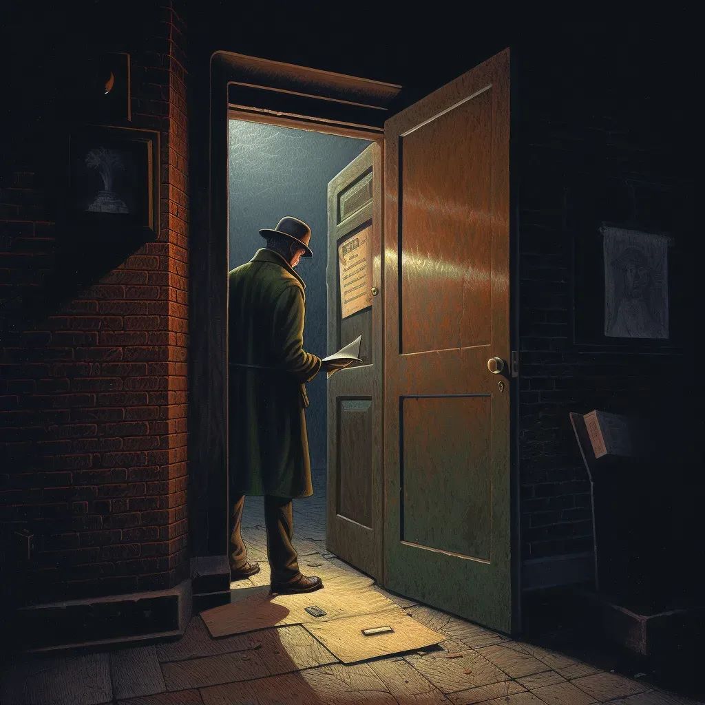 Intriguing illustration of a shadowy figure leaving a note at a detective agency - Image 1