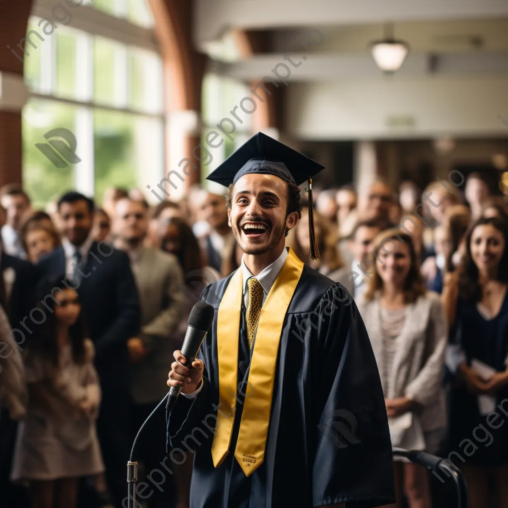 Graduate giving speech in front of a diverse student body - Image 1