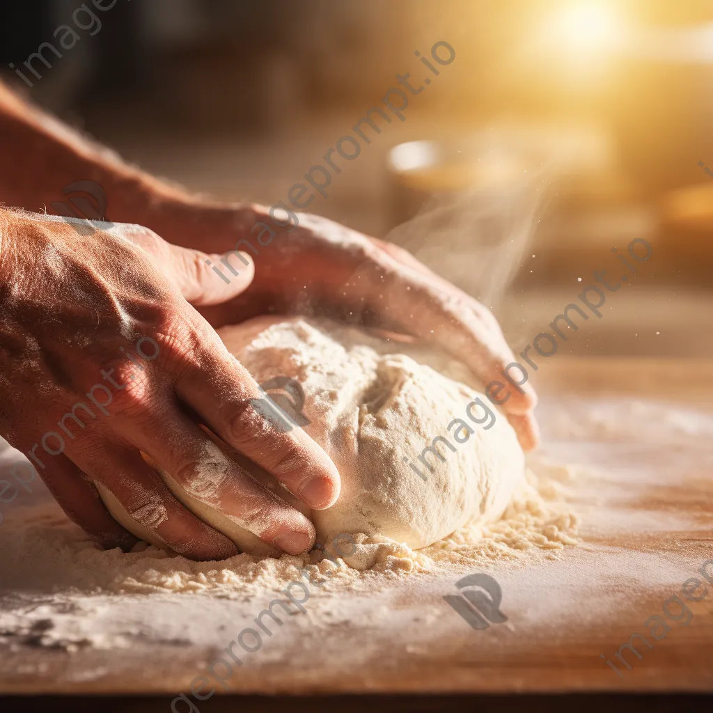 Close-up of hands kneading dough on flour-dusted surface - Image 1