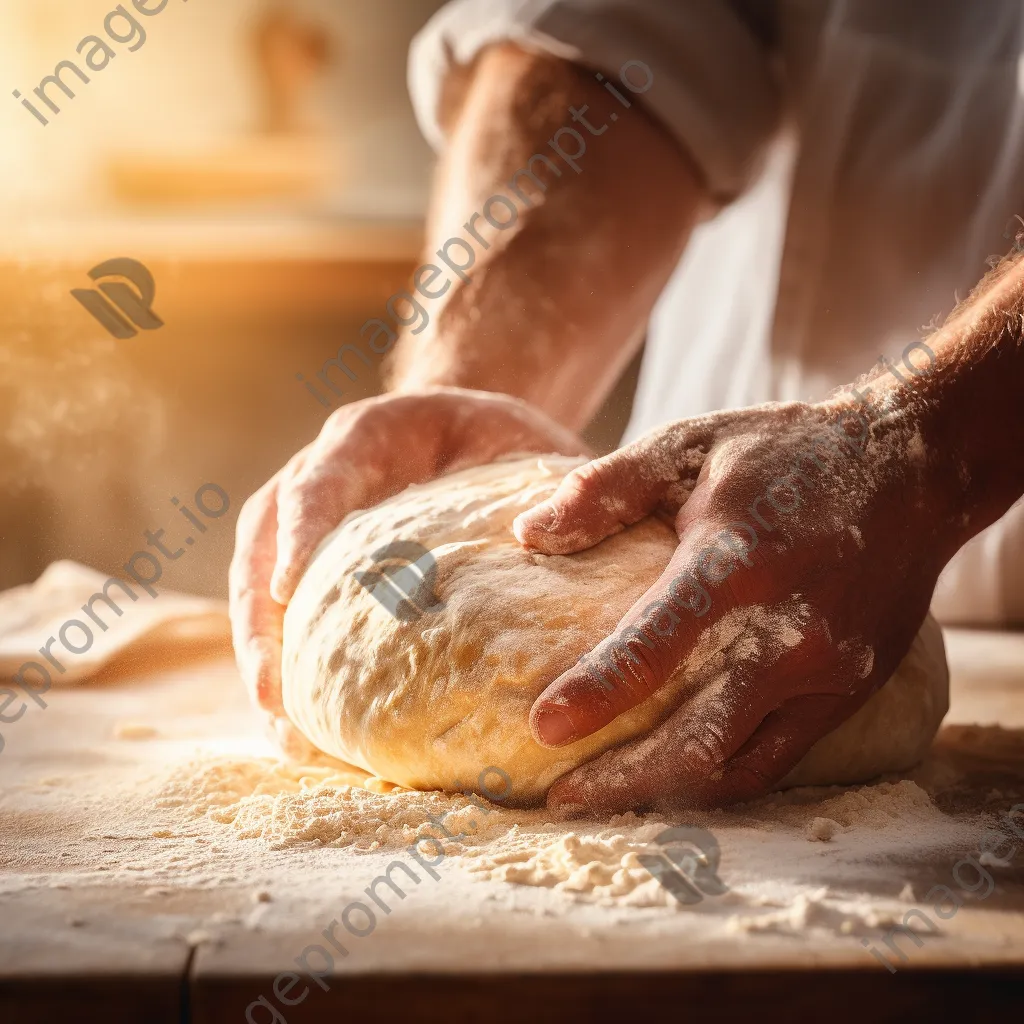 Close-up of hands kneading dough on flour-dusted surface - Image 4