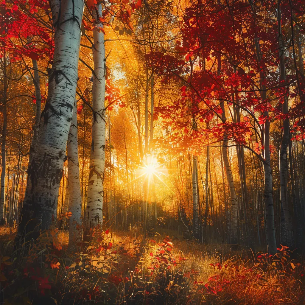 Colorful autumn forest with fiery leaves under golden sun - Image 1