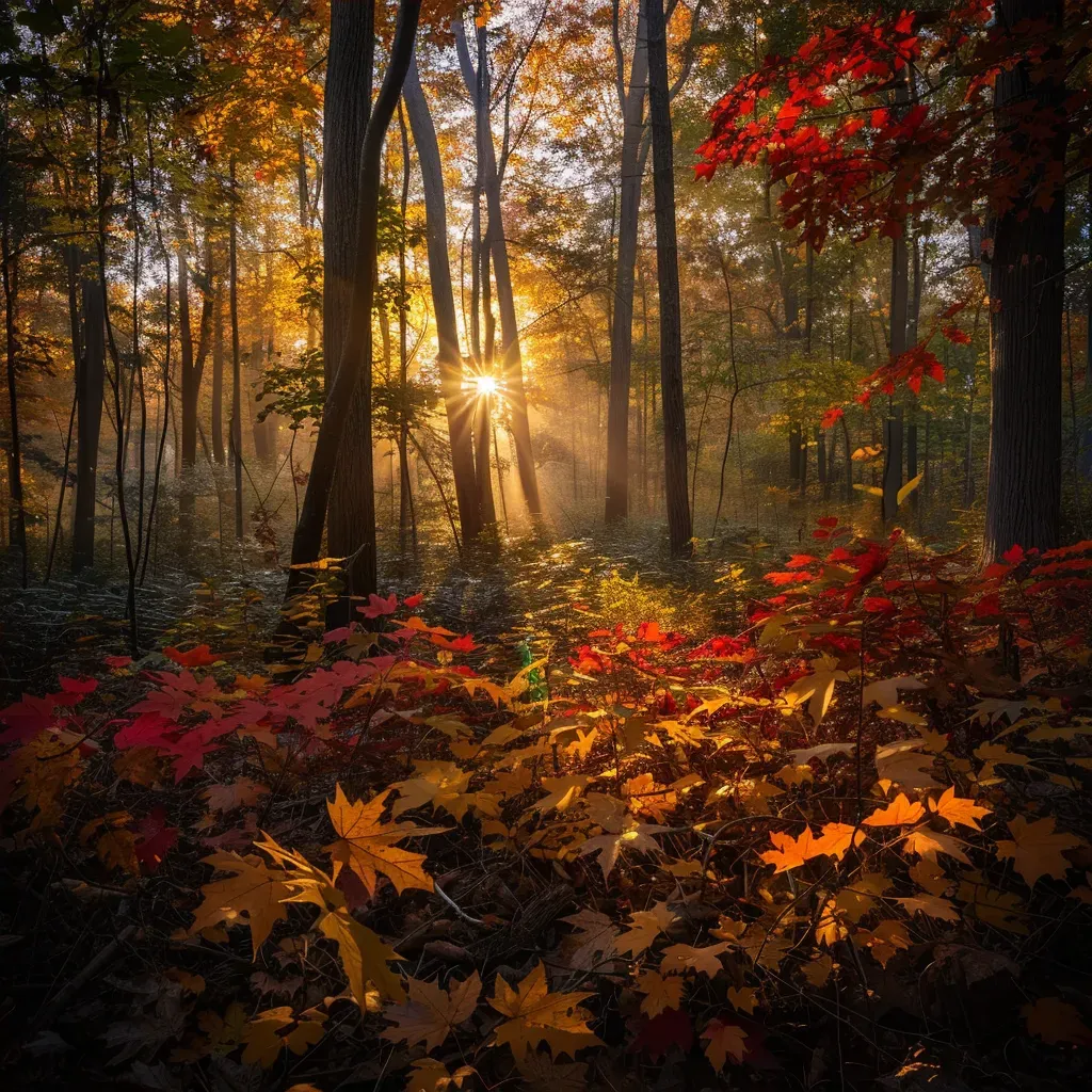 Colorful autumn forest with fiery leaves under golden sun - Image 4