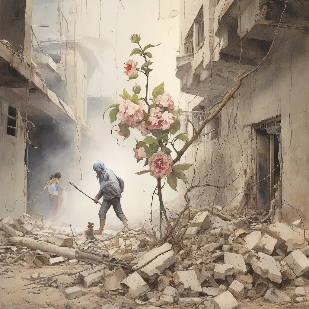 Image of flowers being planted in the cracks of a war-torn street. - Image 2