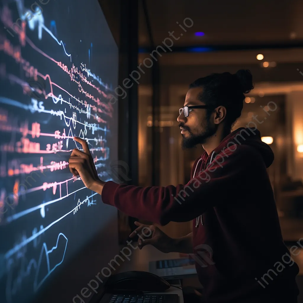 Programmer brainstorming with a whiteboard filled with code and flowcharts. - Image 1