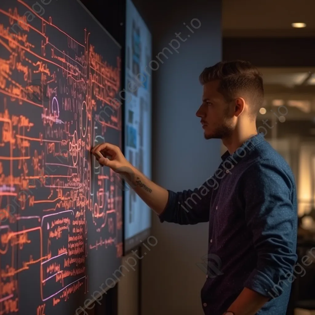 Programmer brainstorming with a whiteboard filled with code and flowcharts. - Image 4