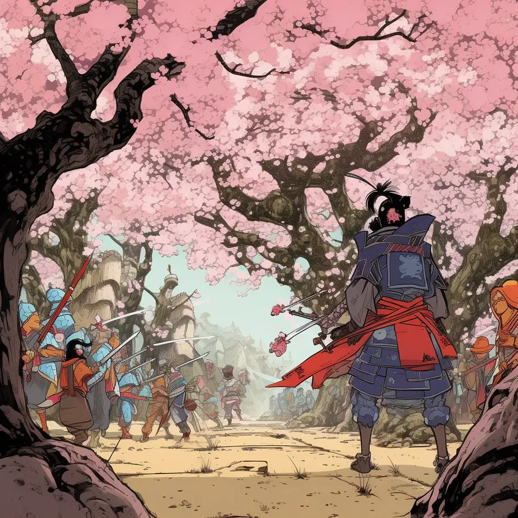 Fearless warrior facing enemies under cherry blossom tree in full bloom - Image 1