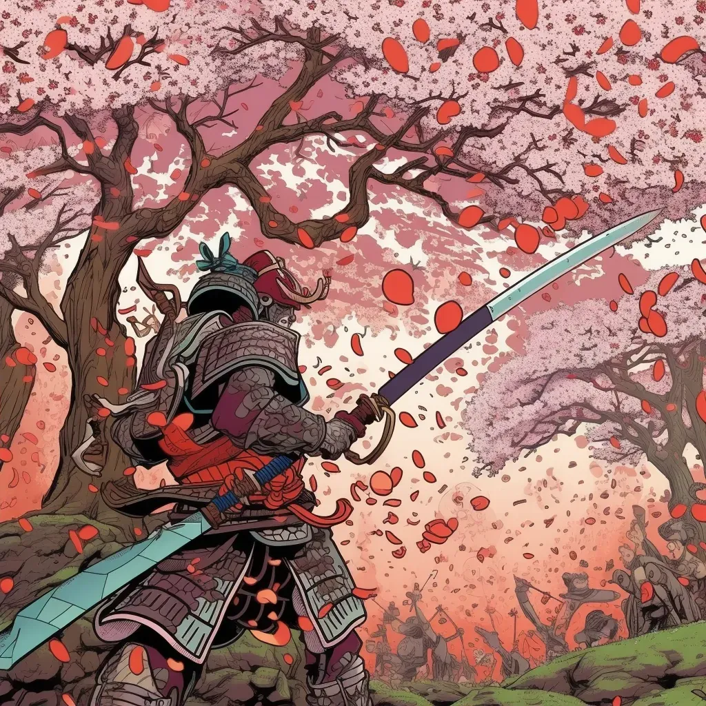 Fearless warrior facing enemies under cherry blossom tree in full bloom - Image 2