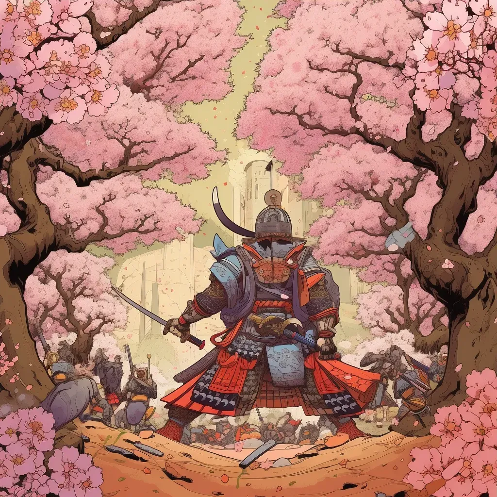 Fearless warrior facing enemies under cherry blossom tree in full bloom - Image 3