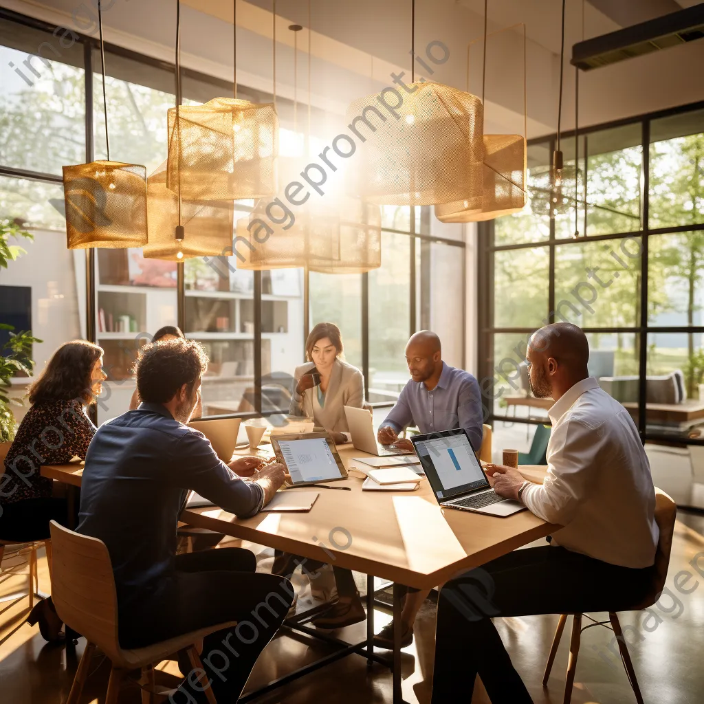 Diverse team working together in a conference room with laptops and sticky notes - Image 1