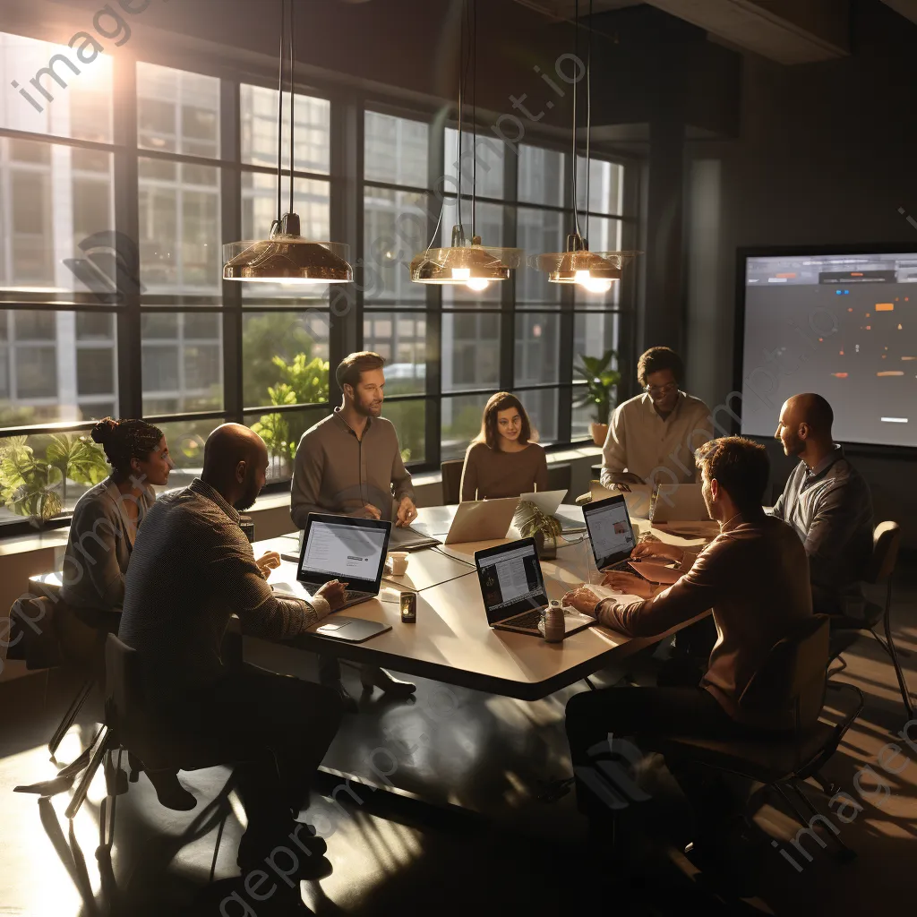 Diverse team working together in a conference room with laptops and sticky notes - Image 2