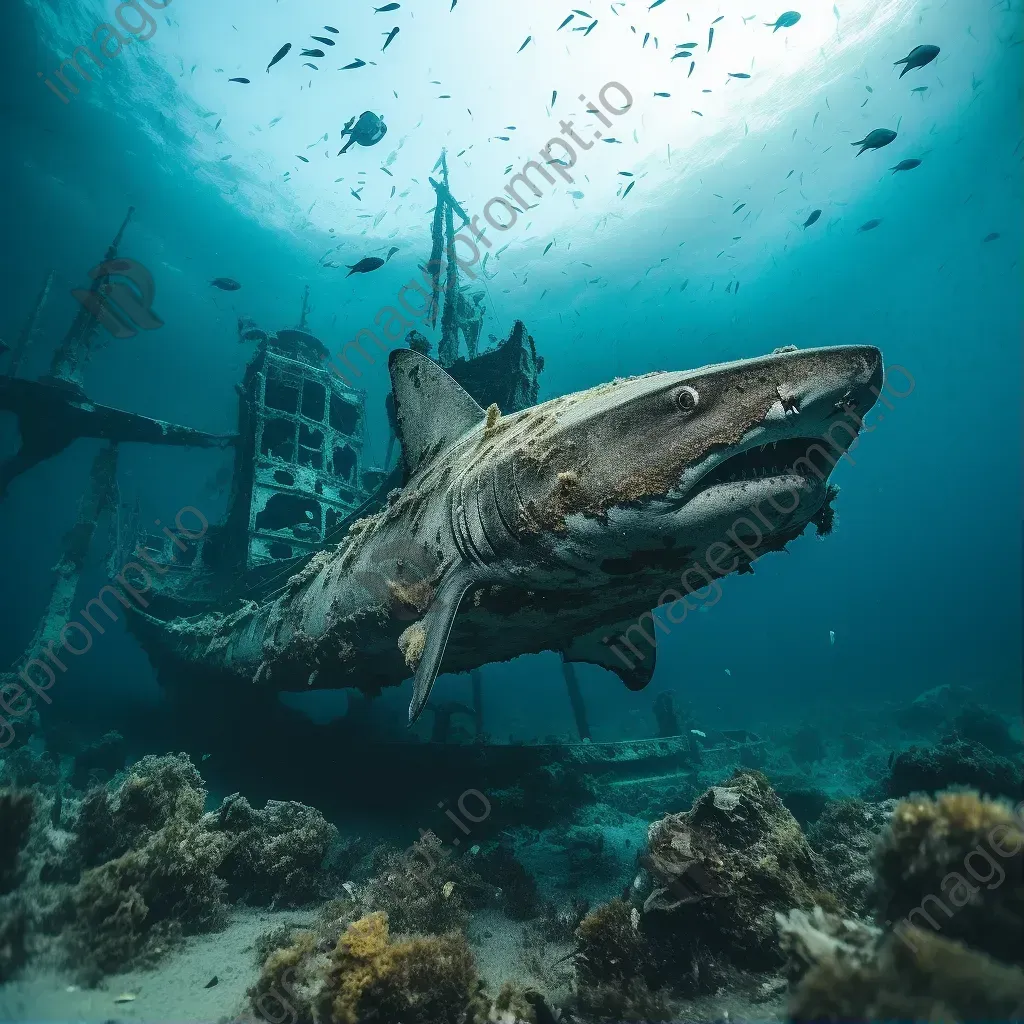 Hidden shipwreck in murky waters with sharks underwater - Image 1