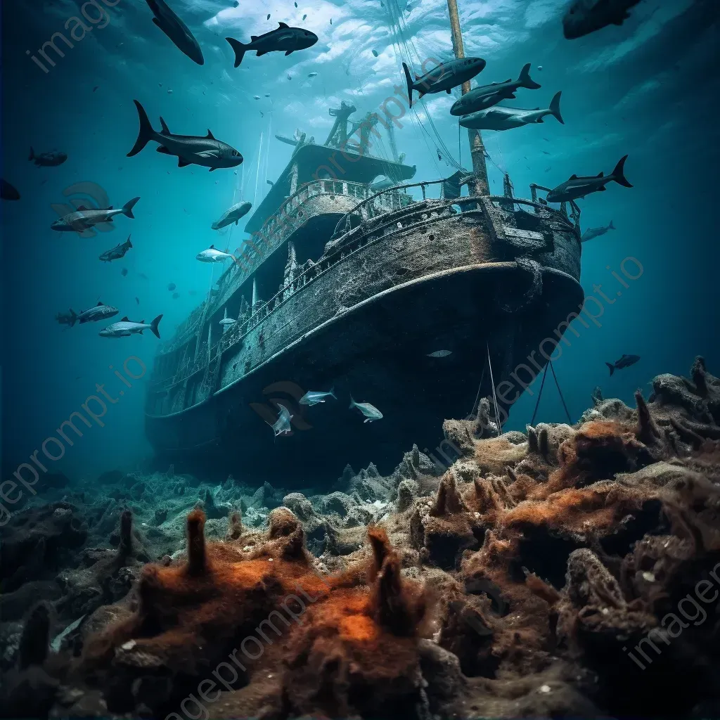 Hidden shipwreck in murky waters with sharks underwater - Image 2