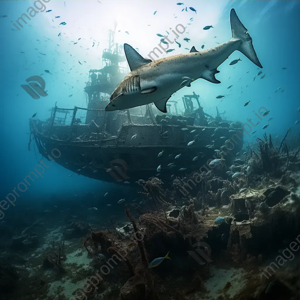 Hidden shipwreck in murky waters with sharks underwater - Image 3