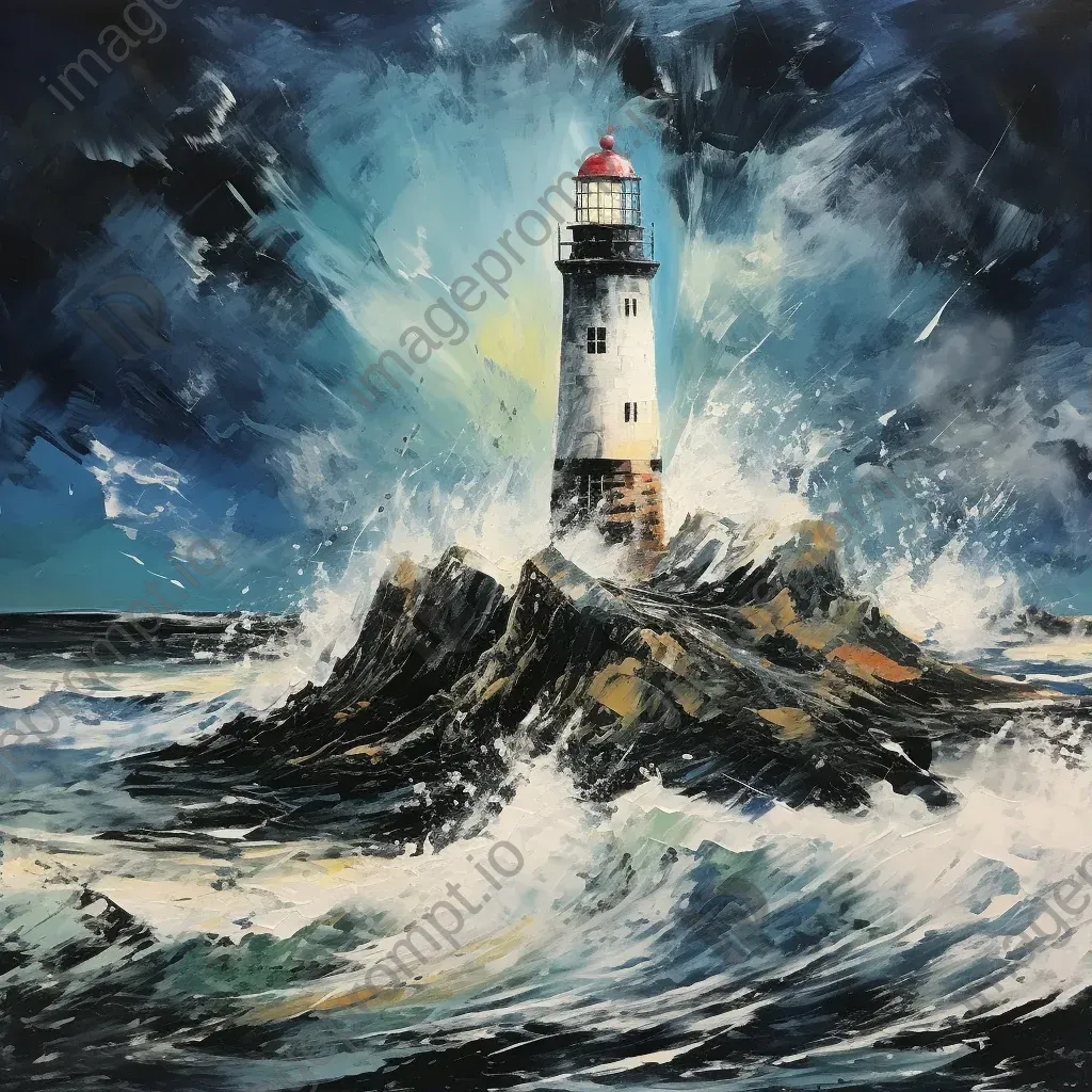 An isolated lighthouse amidst a stormy sea, created through fluid acrylic pour art - Image 1