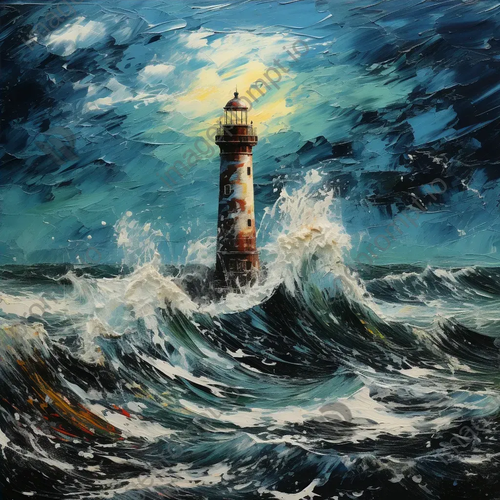 An isolated lighthouse amidst a stormy sea, created through fluid acrylic pour art - Image 4