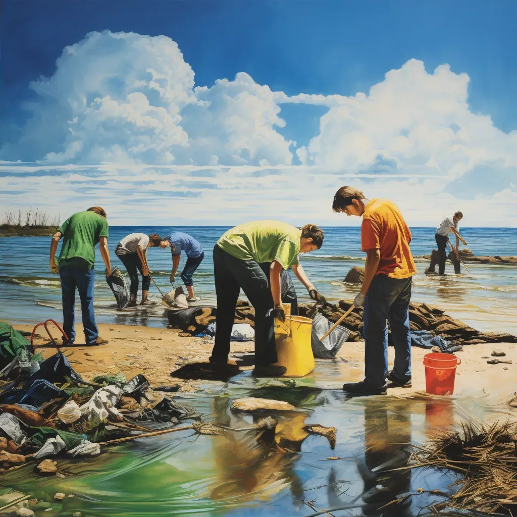 Group cleaning up a littered beach with clean horizon - Image 2