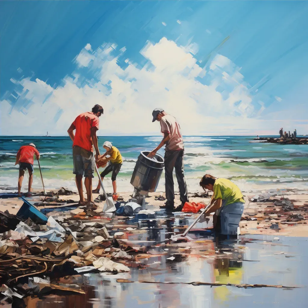 Group cleaning up a littered beach with clean horizon - Image 4