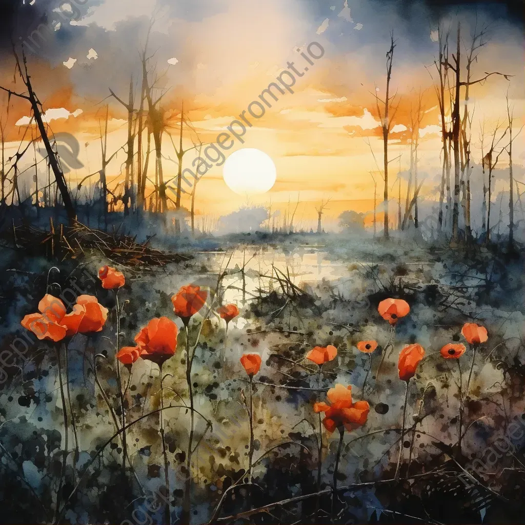 Overgrown battlefield under a brilliant sunrise, depicting nature