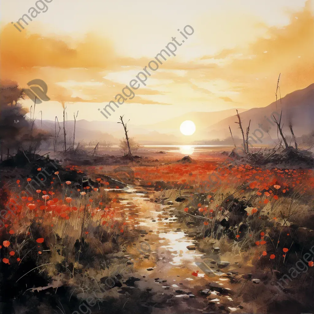 Overgrown battlefield under a brilliant sunrise, depicting nature