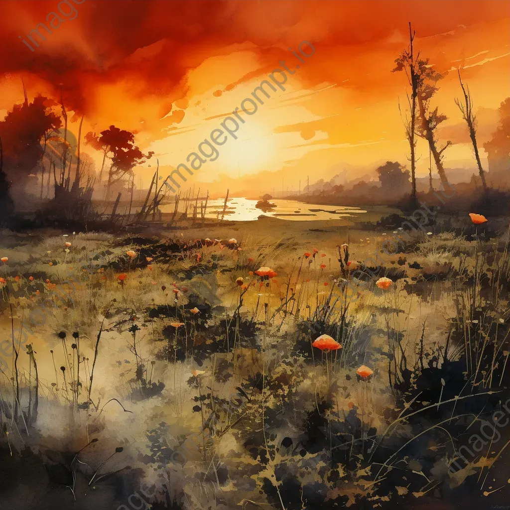 Overgrown battlefield under a brilliant sunrise, depicting nature